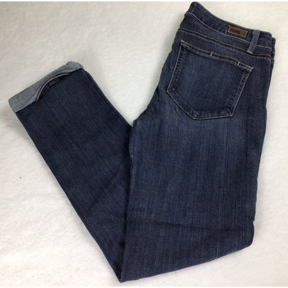 Paige Skyline Crop Jeans Sz 27 Dark Blue Wash Cuffed Skinny Mid Rise Stretch - Picture 3 of 11